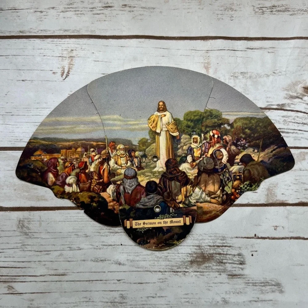 Vintage Collectible Ladies Expandable Cardboard Sermon on the Mount Folding Fan